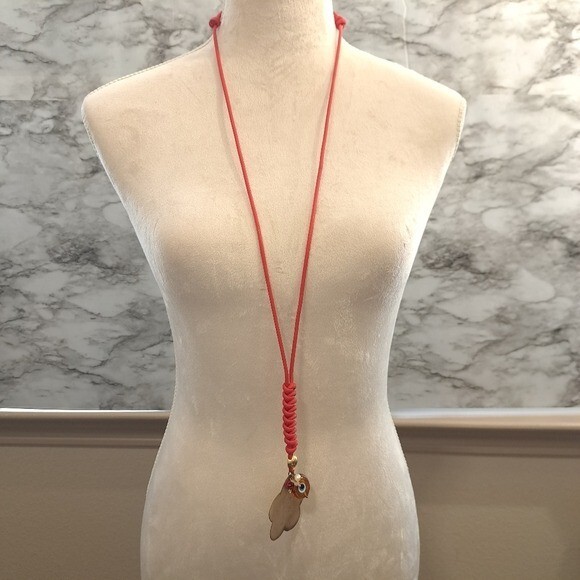 Women’ Handmade Flower Pendant Cord Necklace Red/Gold Boho,Brass 22.5 Inches