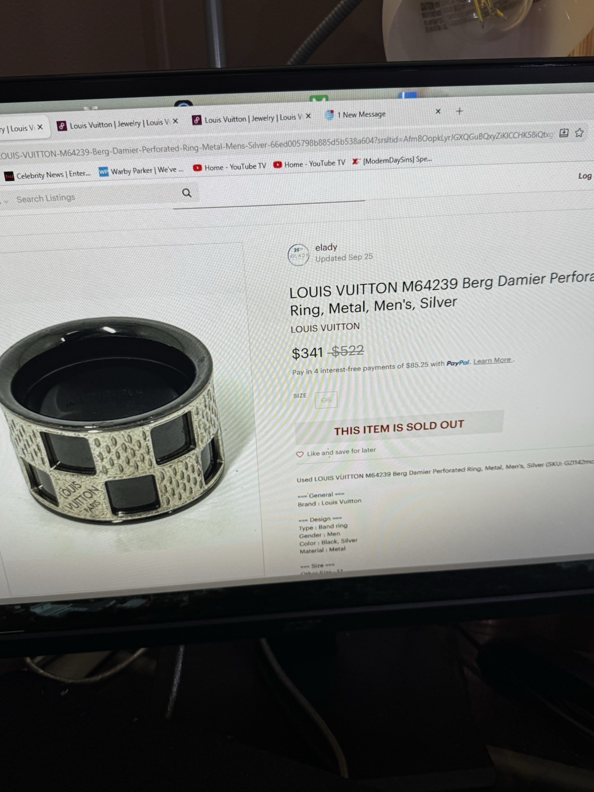 LOUIS VUITTON Damier Perforé ring Silver black Metal M64239 8.5