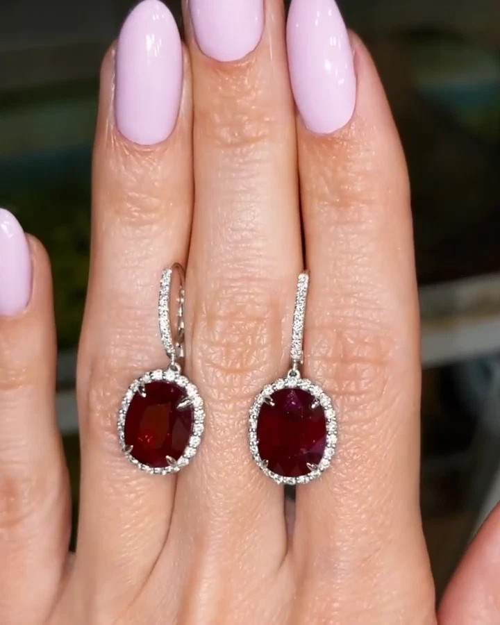 5.60 Ct Oval Cut Natural Ruby Diamond Drop 14K Solid White Gold Earring