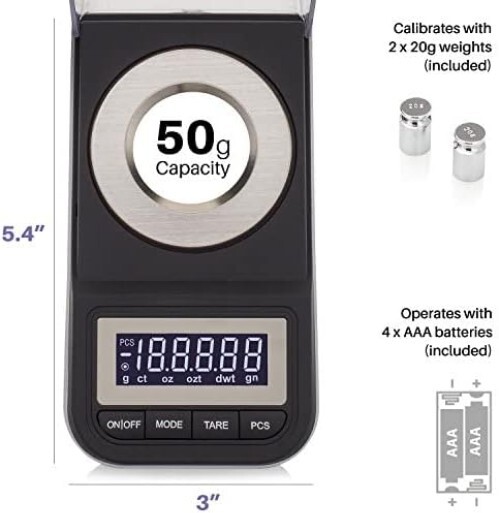 Versatile 50g Digital Scale with Tare Function & Calibration Weights Included