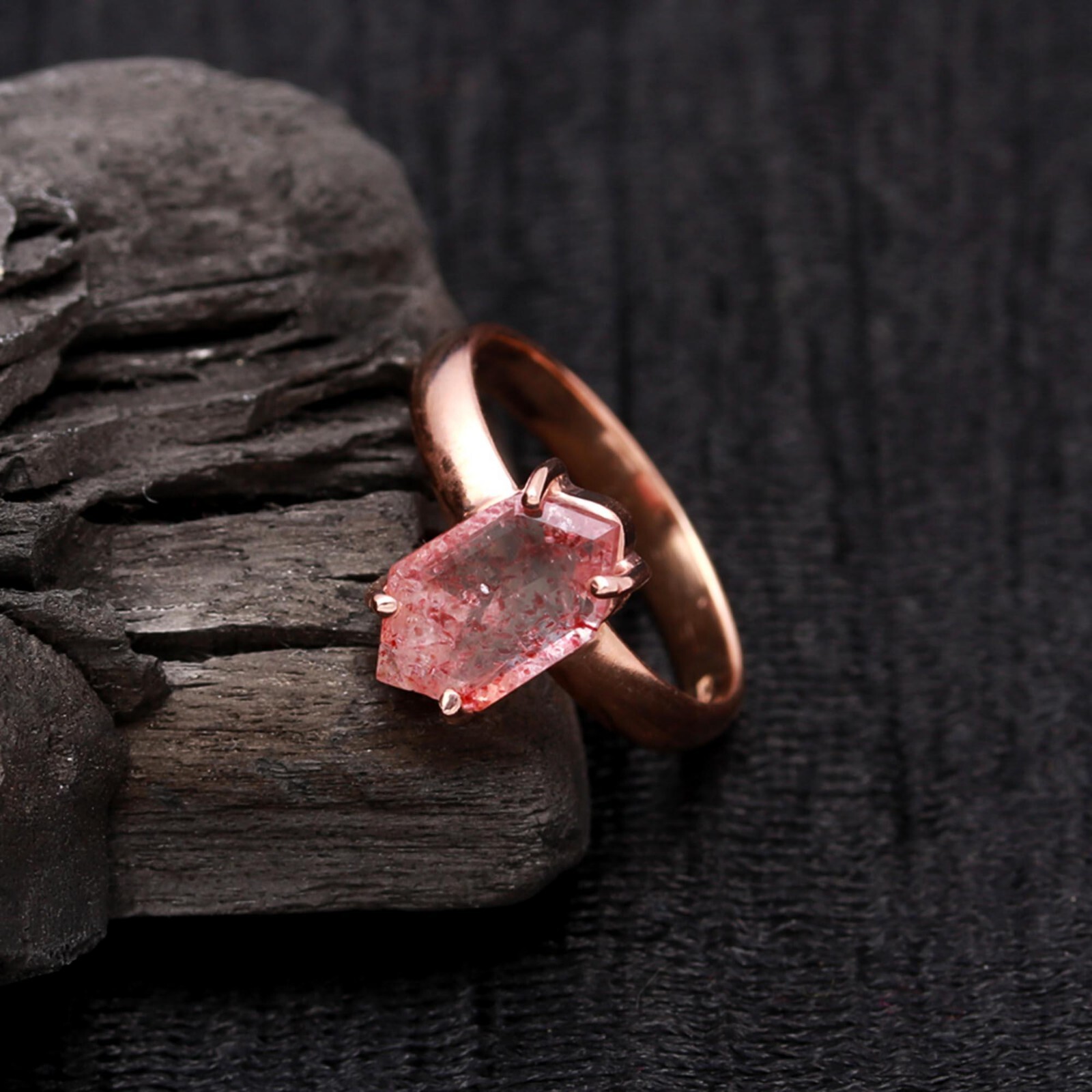 Natural Strawberry Quartz Hexagon Ring Rose Gold Plated Vintage Jewelry For wife