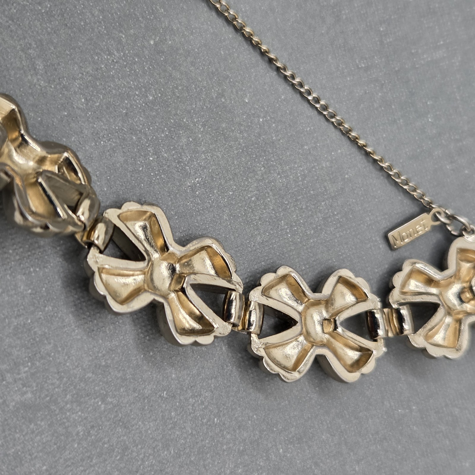 Vintage Monet Gold Tone Bow Bracelet Safety Chain And Clip On Earrings Set SEE