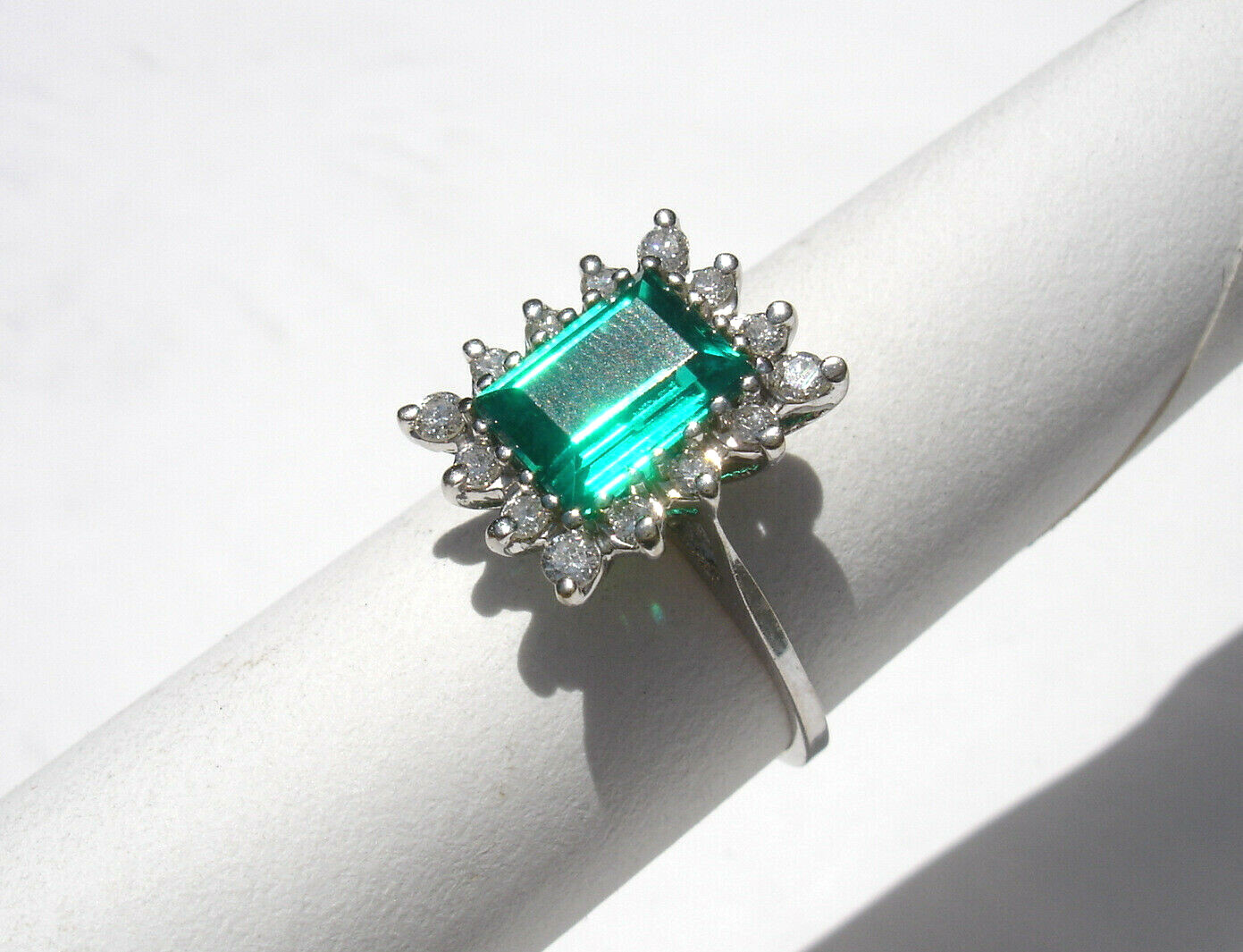 (1.51 Carat) EMERALD (.42 ctw) Diamond RING 14K white GOLD (Chatham lab created)