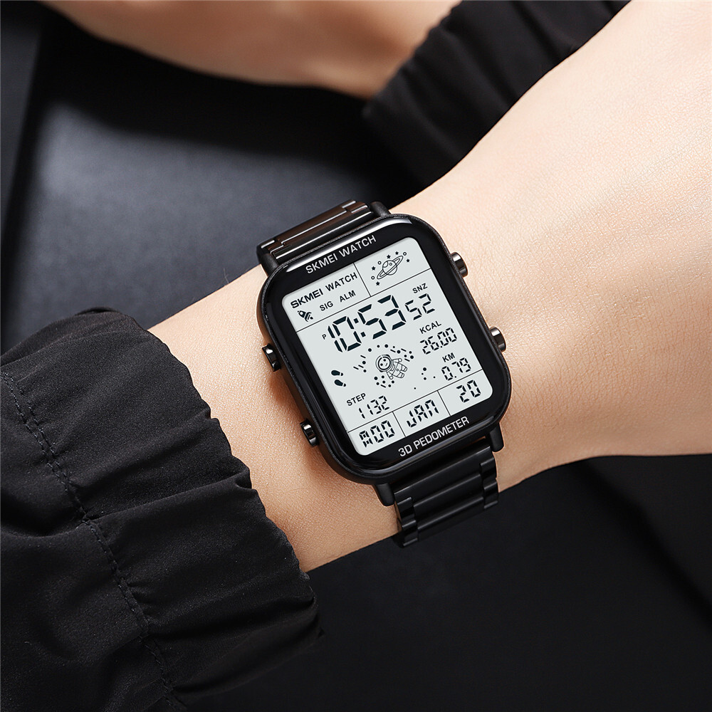 NEW Men Watch Rectangle Digital Wristwatch Full Steel Electronic Digital Watch