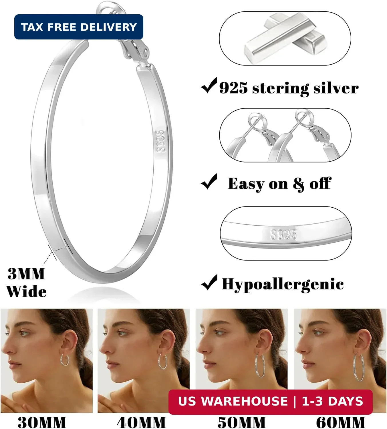S925 Sterling Silver Post Hoop Earrings for Women Large Lightweight Silver Hoop