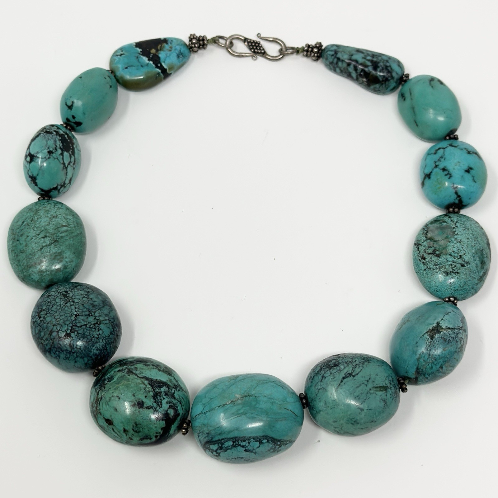 Stunning Natural Green Hubei Turquoise Necklace Large Chunky Polished Oval Beads