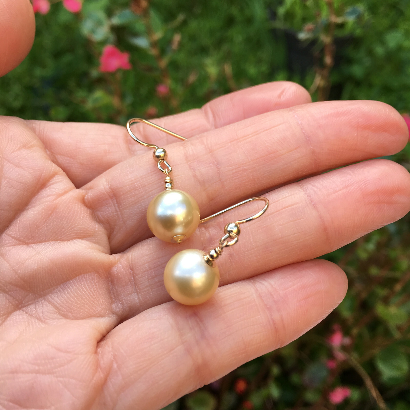 9.5-10mm natural high luster Australia gold seawater Pearl 14KGF Earring 29.5mm