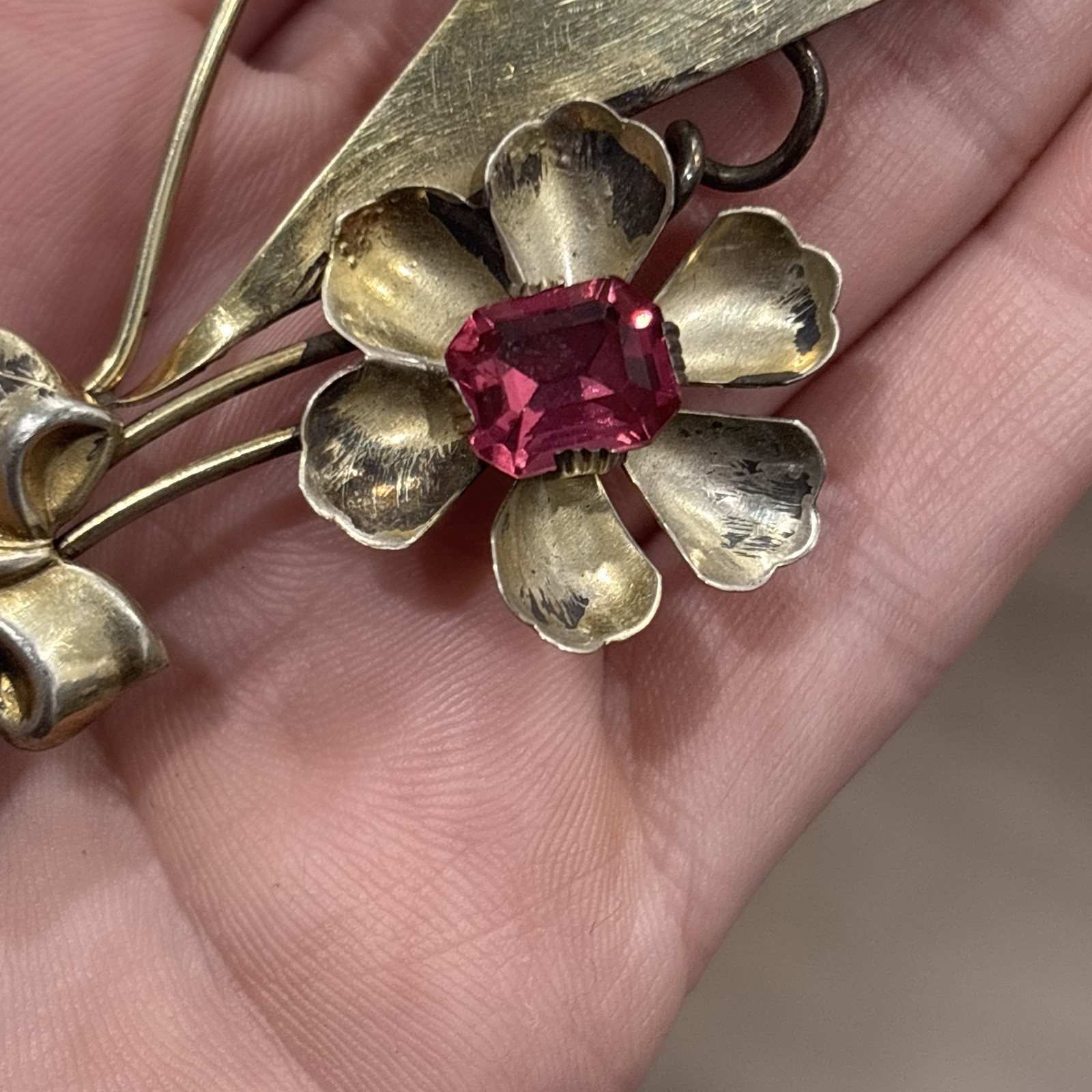 Vintage Sterling Silver Vermeil Floral Spray Brooch Pink Rhinestone Flower 1940s