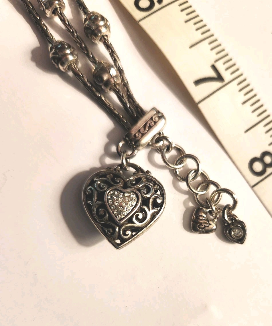 Brighton Reno Heart Silver Crystal Charm Bracelet-7-8” Adjustable W/Fabric Pouch