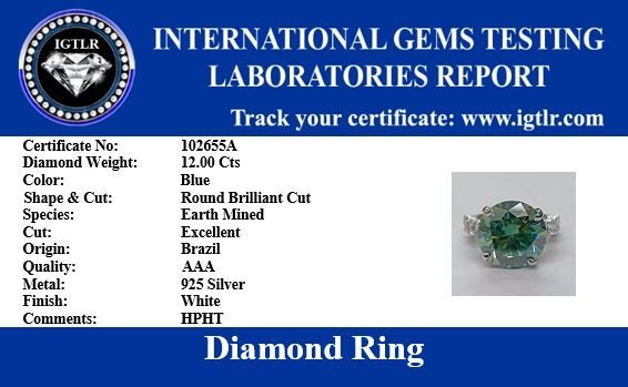 RARE 12.00 Ct Certified Round Cut Blue Treated Diamond Solitaire Ring 925 Silver