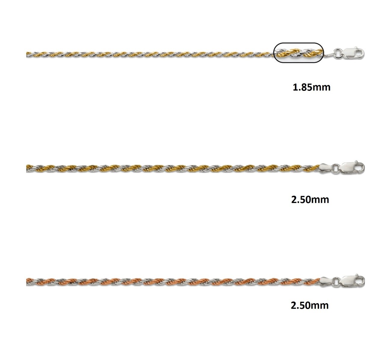Sterling Silver Bi-Color Rope Chain 7″, 8″, 16″, 18″, 20″, 22″, 24″, 26″ Lengths