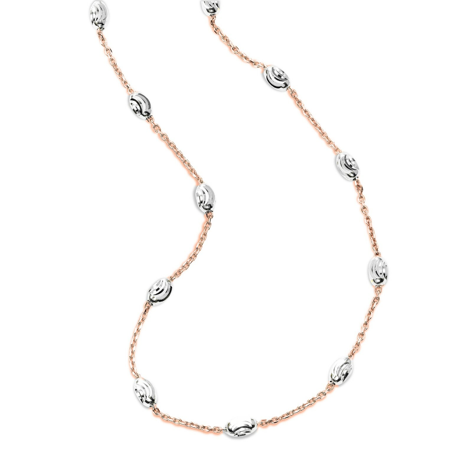 .925 Sterling Silver Rose Gold Diamond Cut Station Oval Moon Anklet 9″ and 10″