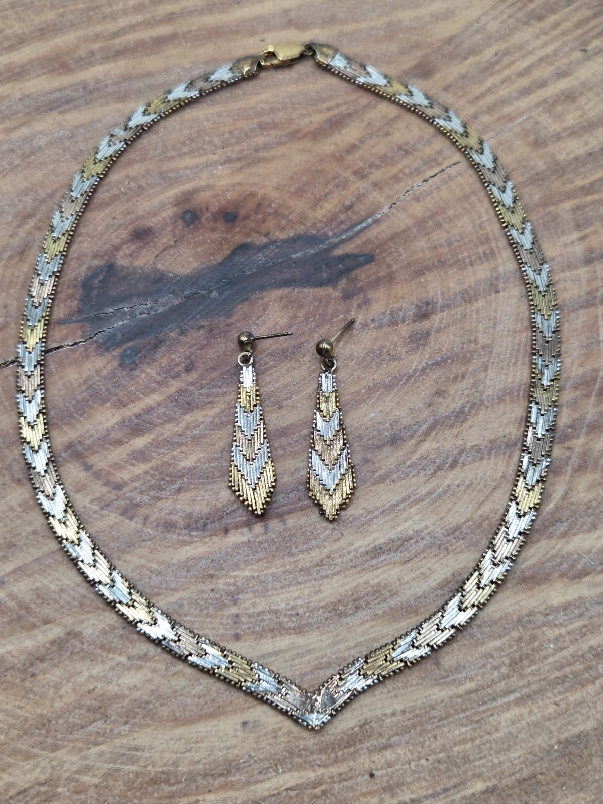Vintage Italian V Shape Tri-Color 925 Necklace Dangle Earrings