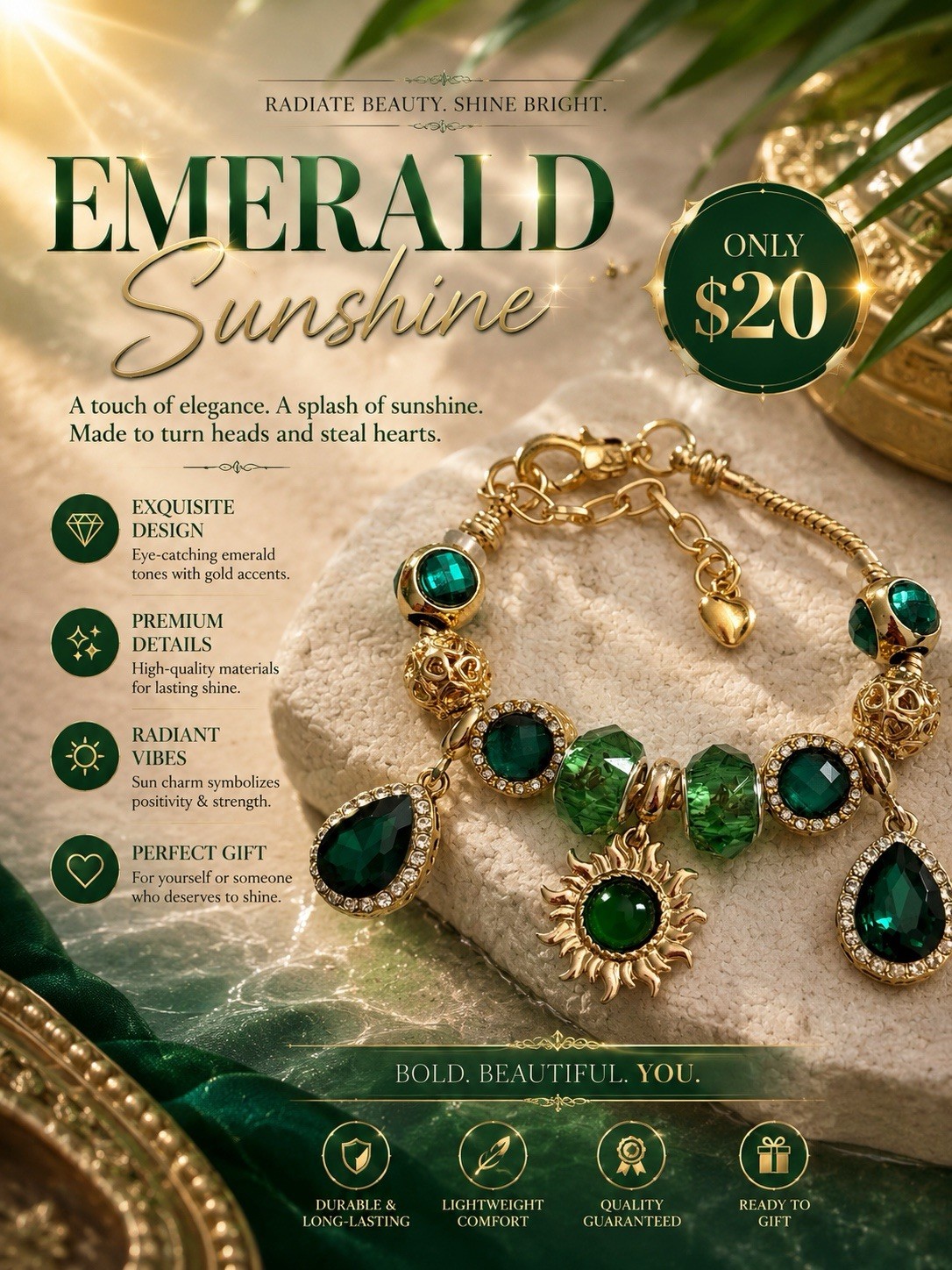 Gold Plated Snake Chain Charm Bracelet Sun Green Round Crystal Dangle Lobster