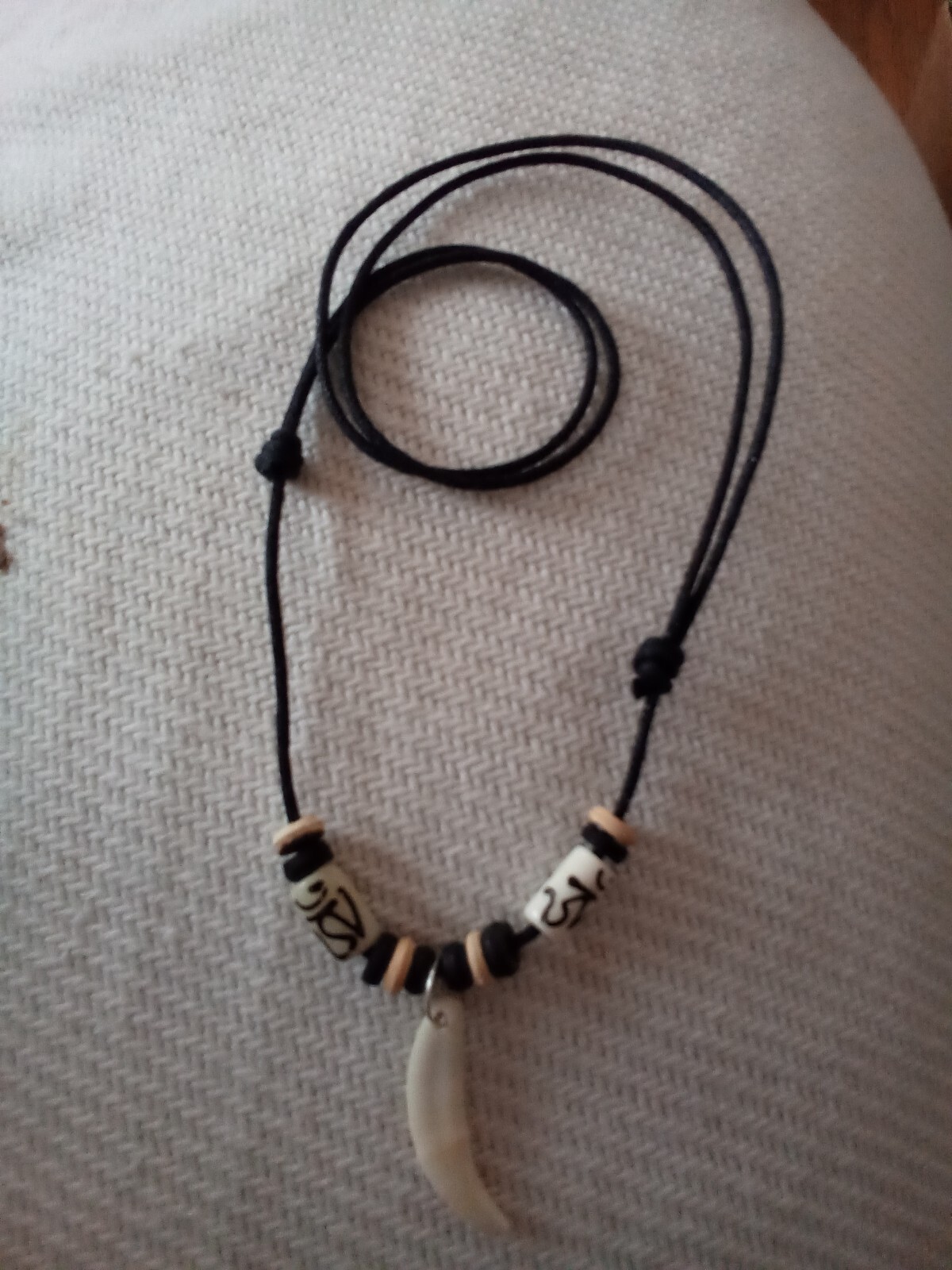 White Coyote Tooth Necklace REAL Teeth Black White Beads 16″-28″ Black Cord NEW!