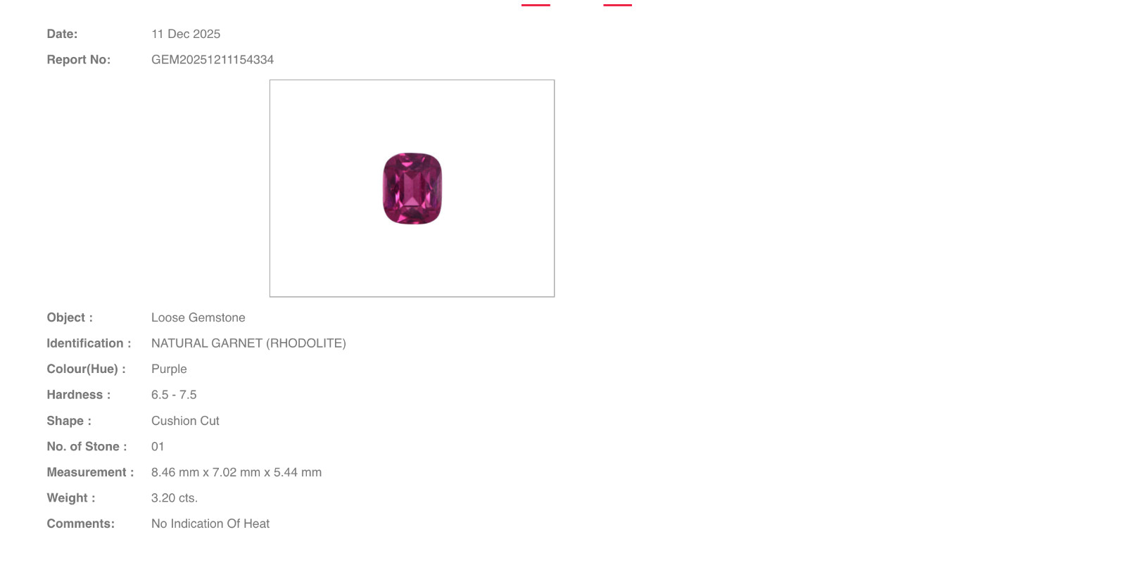Certified 3.20 Cts Natural SI Clarity Purple Rhodolite Garnet Cushion Tanzania