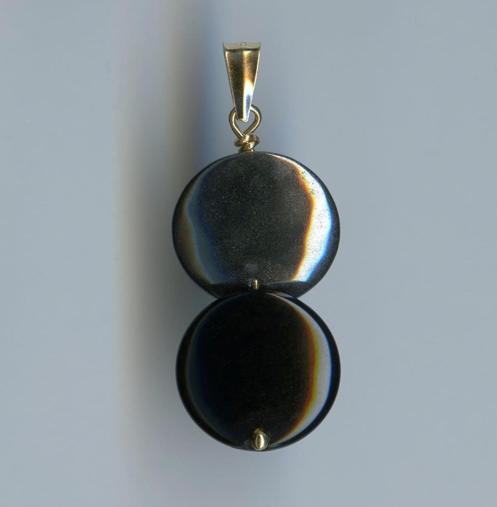 New 14K 1.84 Gram Solid Yellow Gold Round Black Onyx & Gray Hematite Pendant (HB