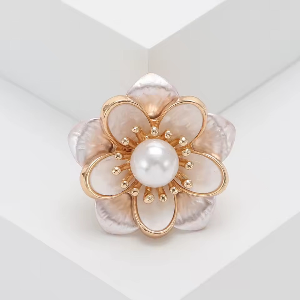 Camellia Flower Brooch Faux Pearl Gold Tone Enamel Floral Pin Cute Jewelry Gift