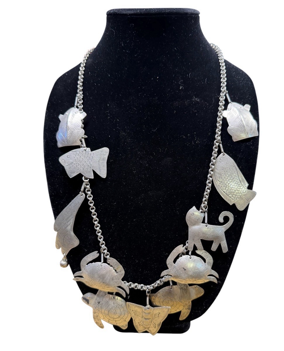 Vtg Thai style silver Necklace Fish, Crab. Cat Motif tribal coastal fun BOHO