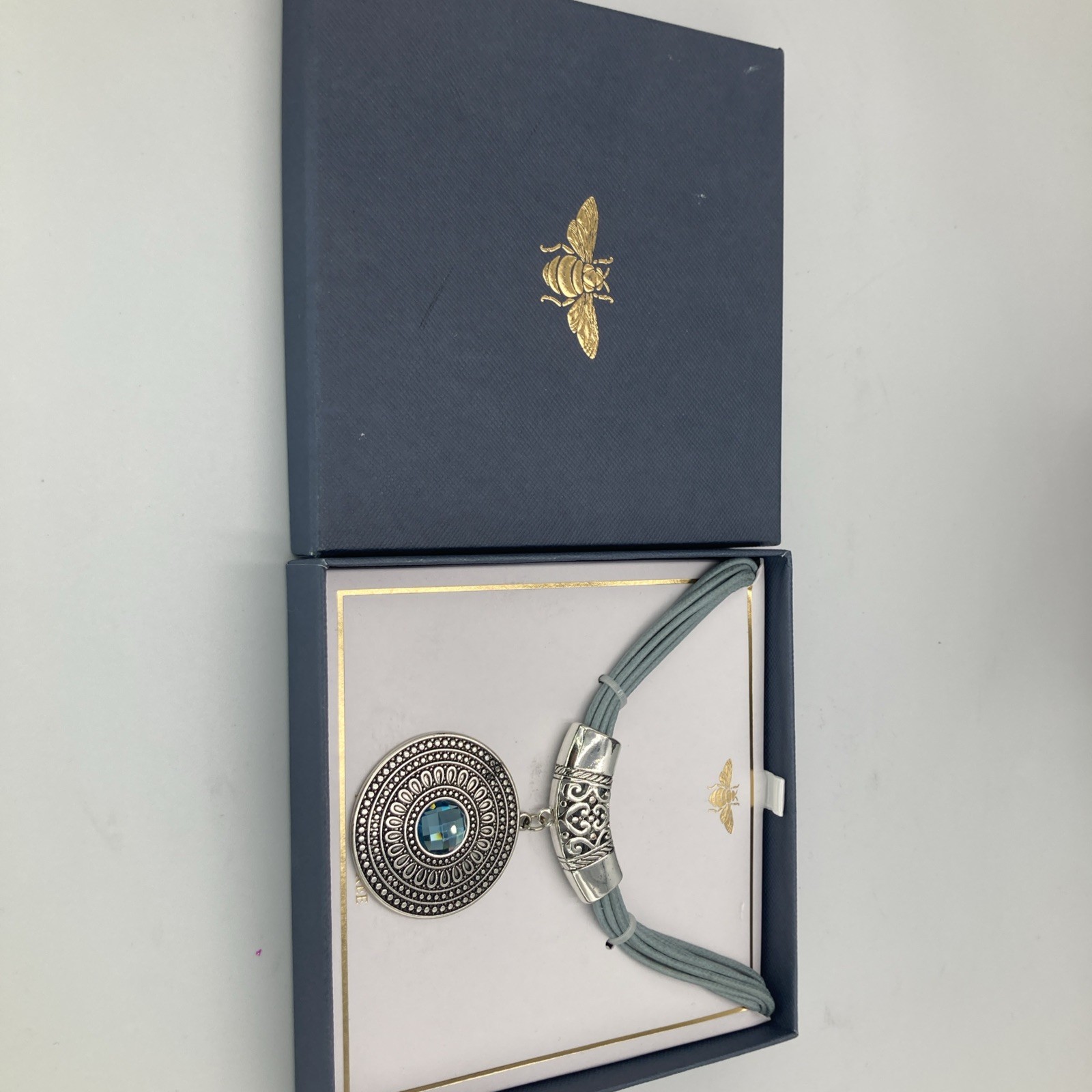 Statement Necklace Silver Tone Medallion Pendant Blue Faux Gem Cord New in Box