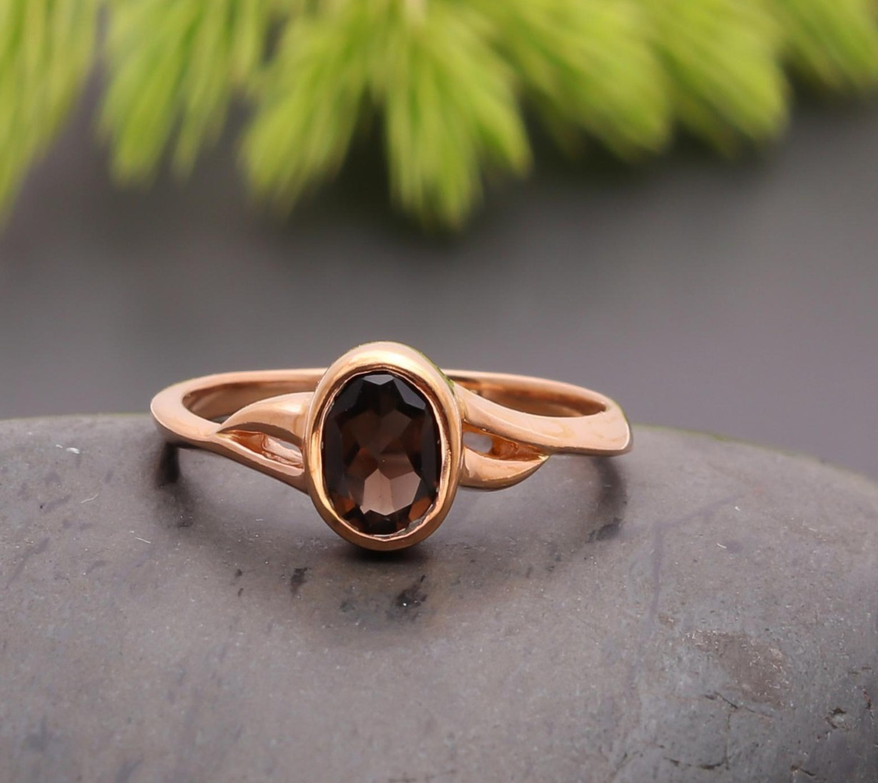 Natural Smoky Quartz Oval Ring Rose Gold Fill Solid Silver Minimalist Jewelry