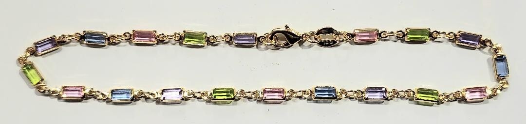 18k Gold Filled Thin Rectangle Bracelet Light Multi Color Stones 7.5 inch Long