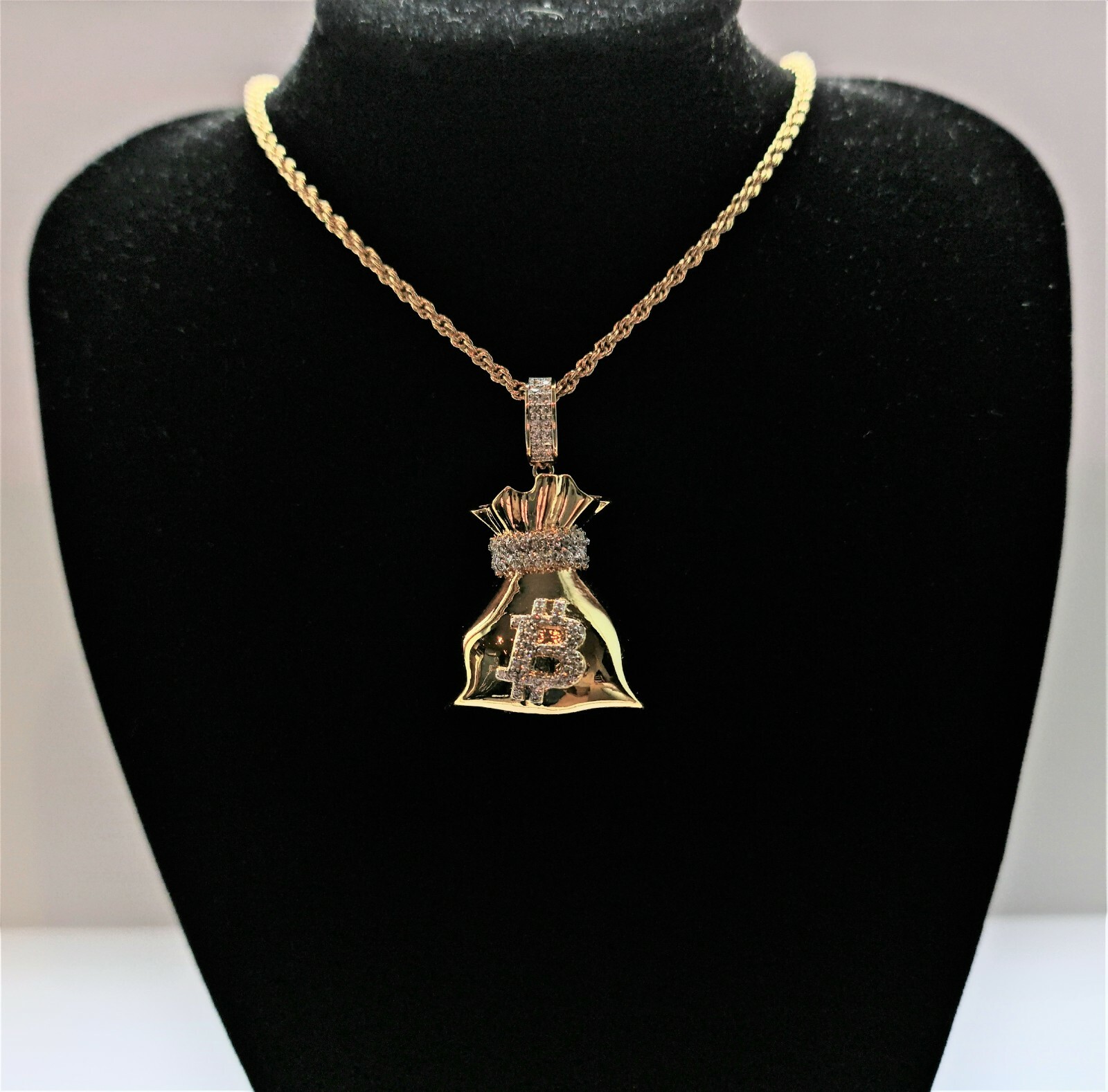 Bitcoin Cryptocurrency Pendant Necklace Gold Plated – Bitcoin B Sack with Zircon