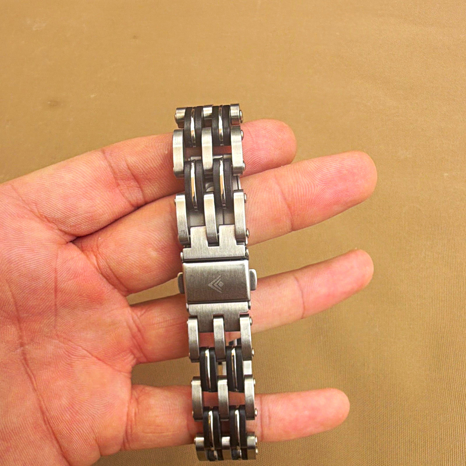 Two-Tone Silver/Black Stainless Steel Watch Bracelet Band, Fold-Over Clasp