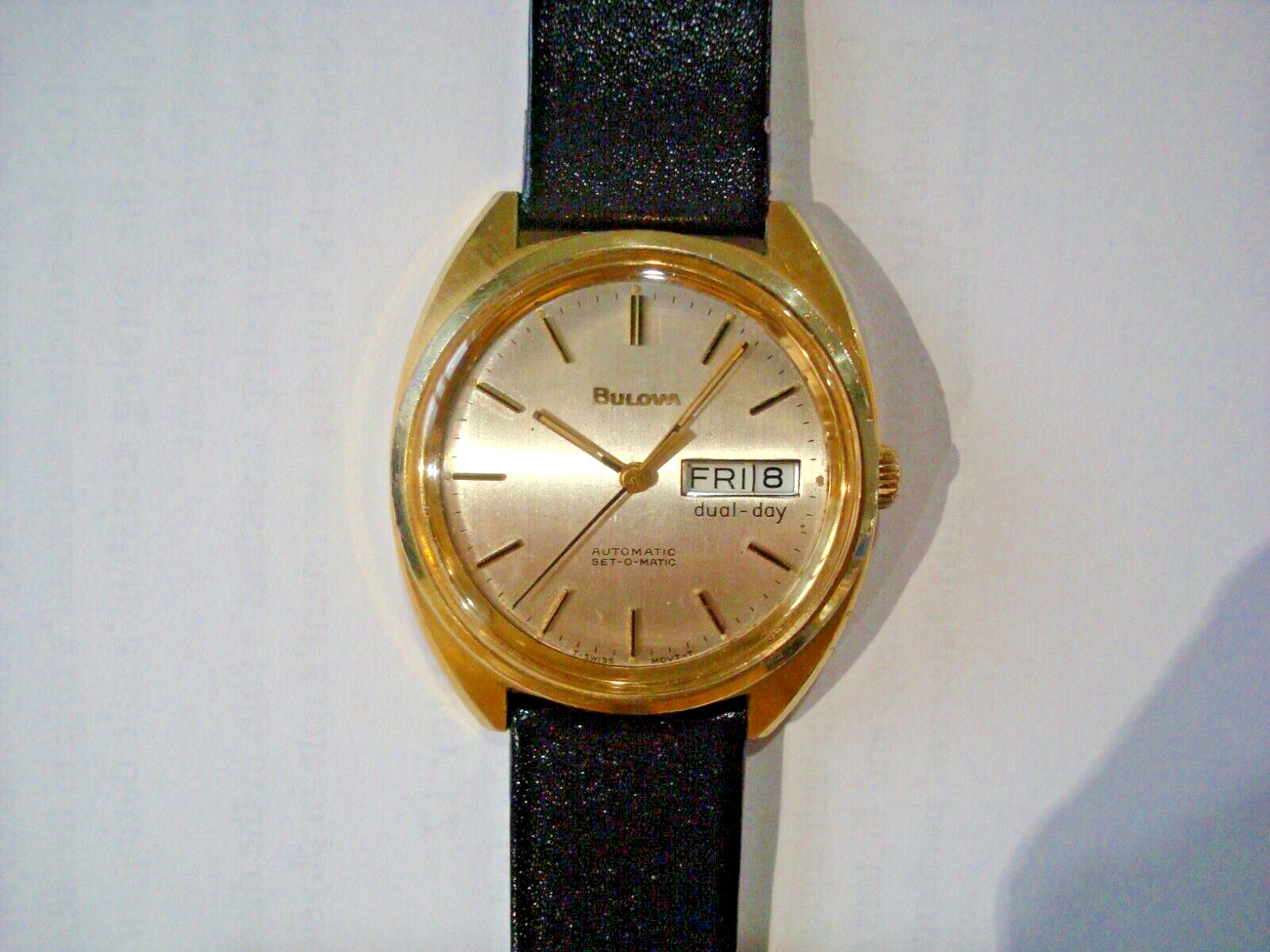 Bulova N7 Mens Automatic Watch 17j. ETA 2879 Day Date Quick Set New Band GC Runs