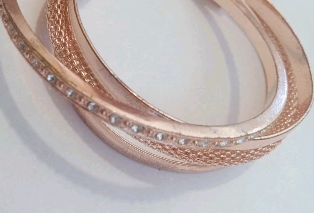 Pair Of Rose Gold Colored Bracelets One Bangle With Rhinestones One Cuff