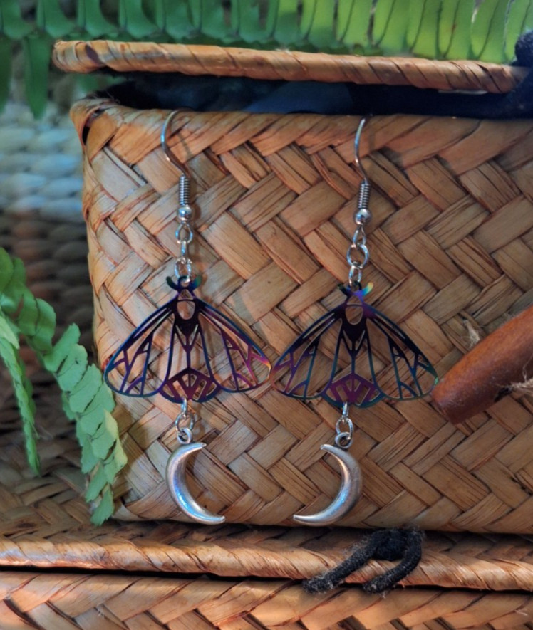 multicolor crescent moon moth earrings || handmade