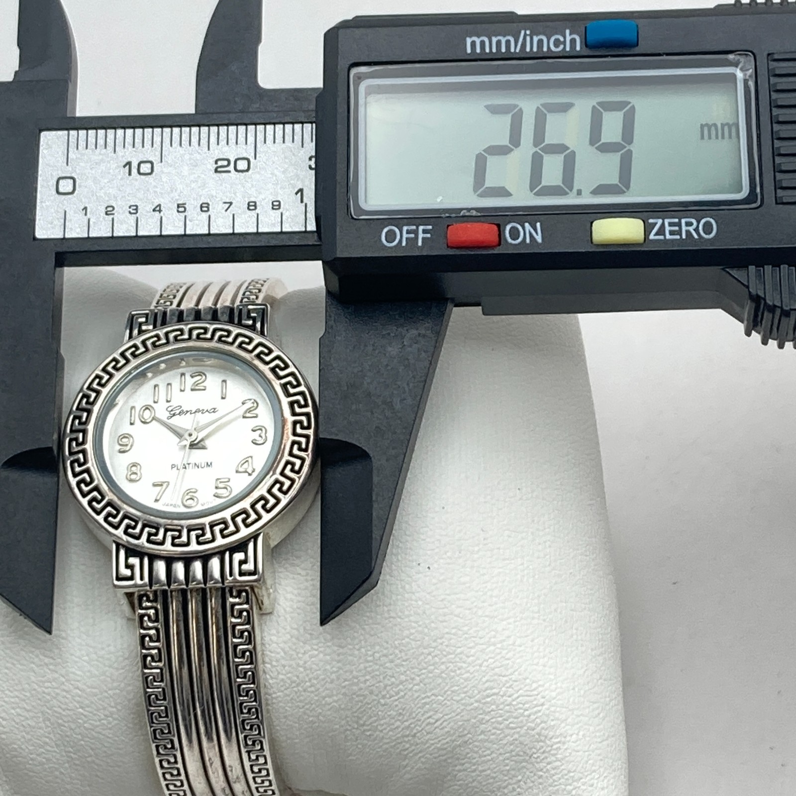 Geneva Women’s Watch 27mm Greek Key Silver Tone Cuff Round New Battery 6.25″