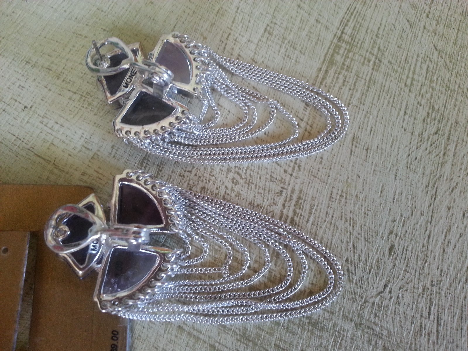 Monet Silver Plated Chain Swag & Three Triangle Amethyst Stones Pierced E’rings