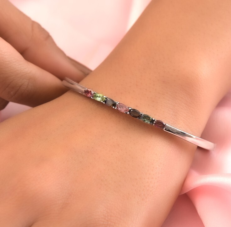 Multi Tourmaline Hinged Bangle Bracelet In Stainless Steel 6.50 Inches 1.60ctw
