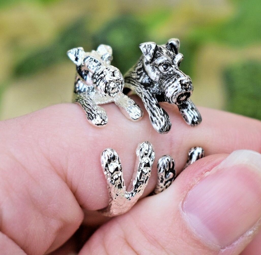 Schnauzer Dog Ring – Adjustable Wrap Animal Ring – Silver Puppy Love Gift