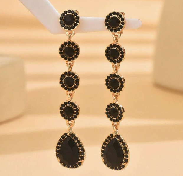 Black Clip On Earrings Retro Etruscan Revival Cabochons Gold Bow Beads
