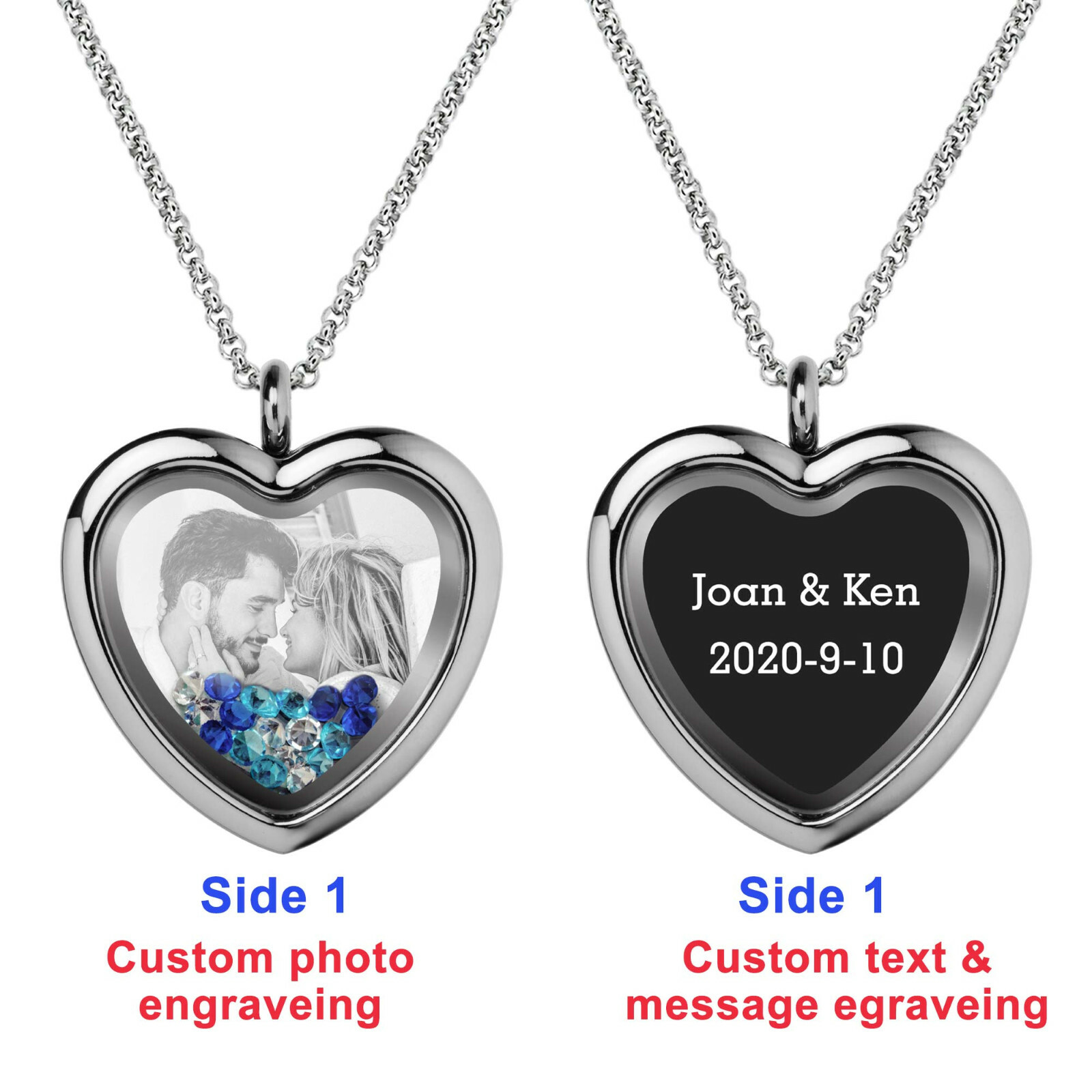 Personalized Photo & Message Engraved w/ Crystals Heart Locket Pendant Necklace