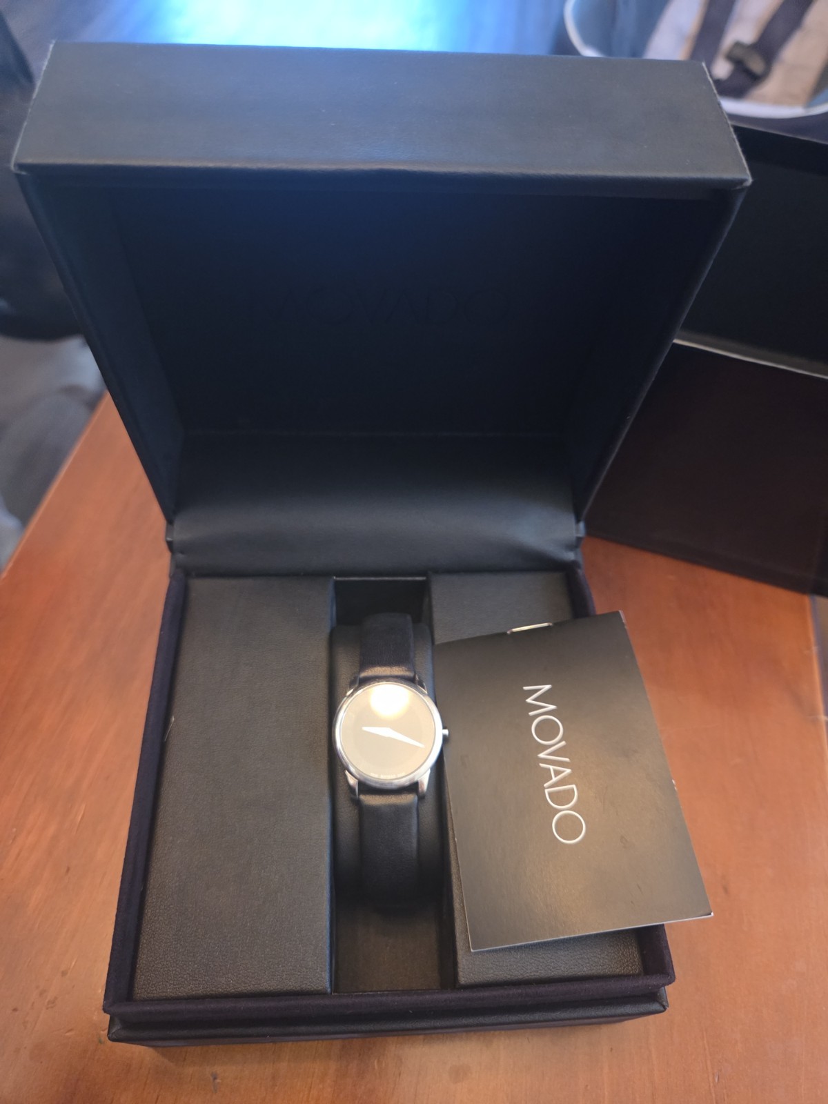 Movado Museum Swiss Made Quartz Black Dial Leather Strap Watch w/ Box Manual