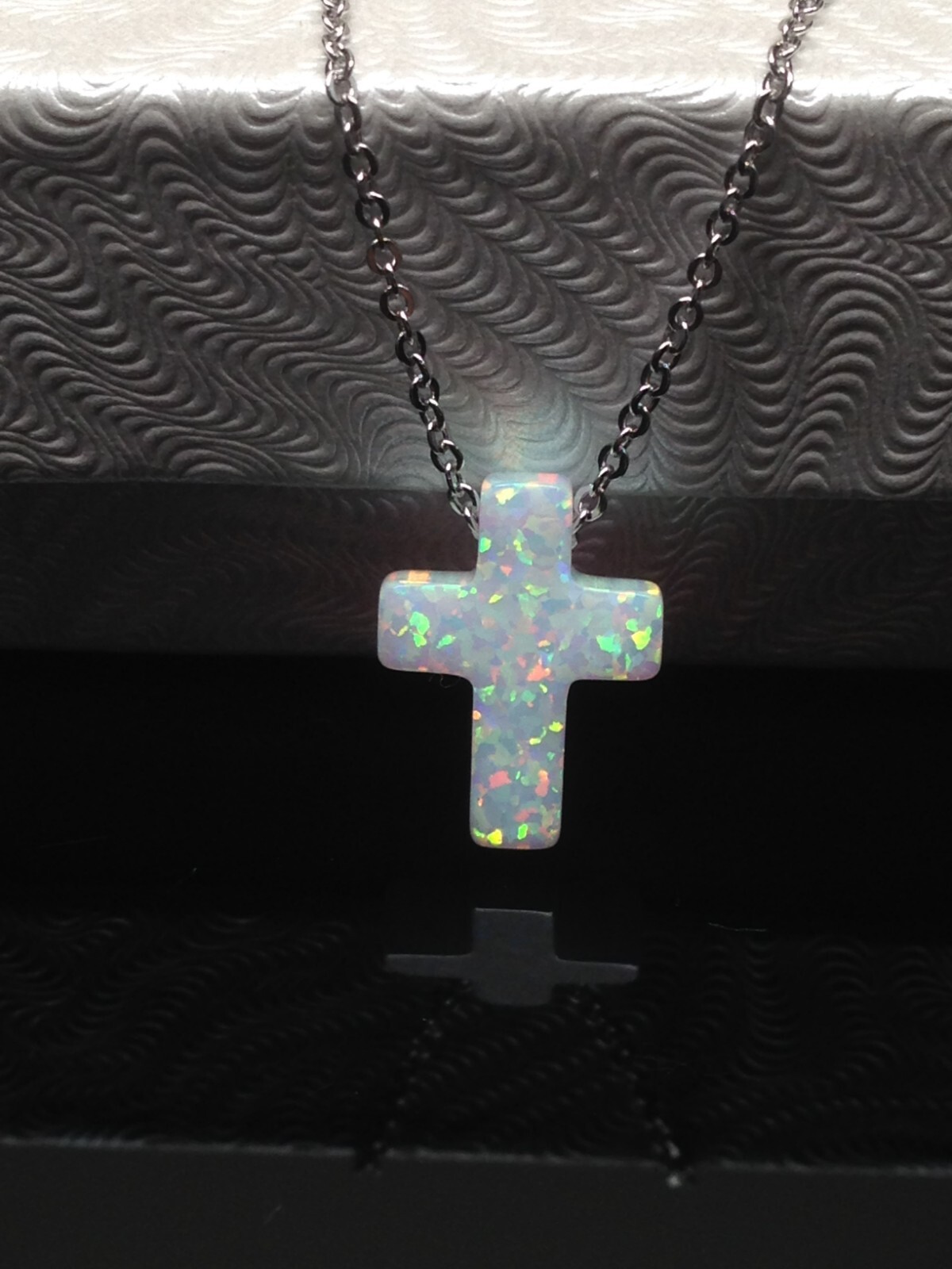 White Opal Cross Necklace 925 Sterling Silver Womens Girls 12mm 17.75″ Simulated