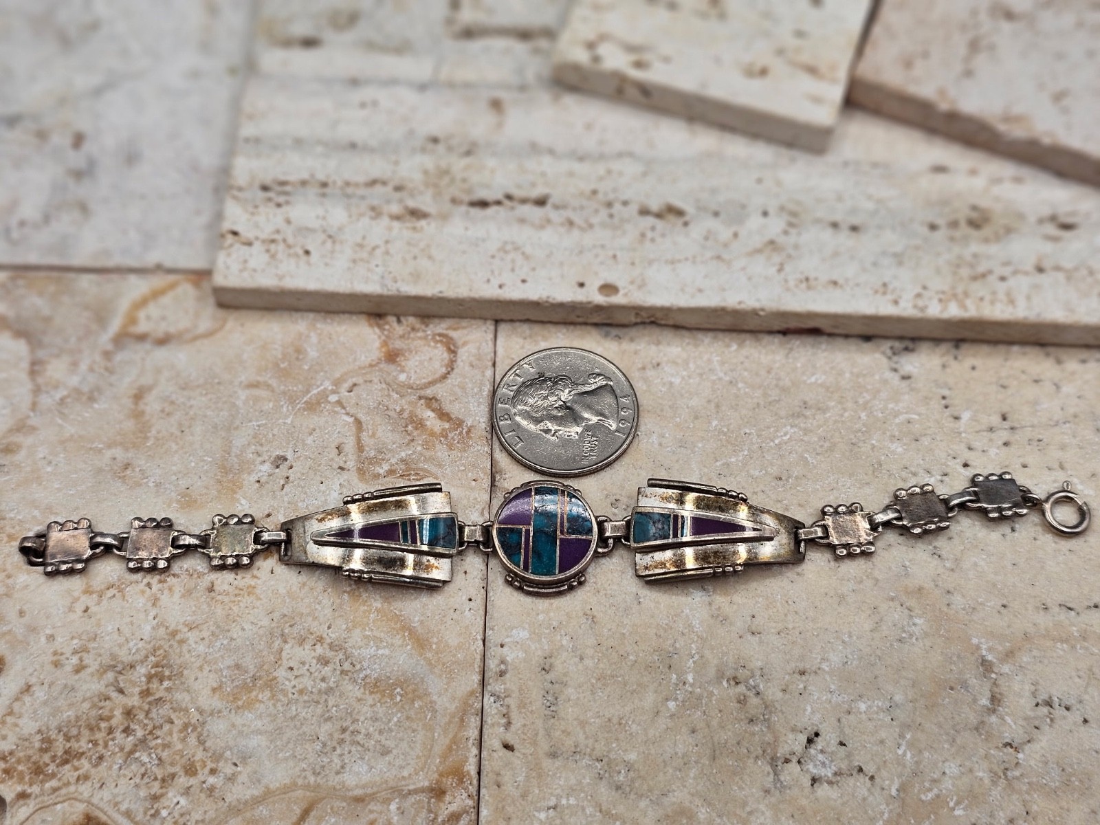 Vintage Navajo Ray Tracey Sterling Sugilite & Turquoise Geometric Link Bracelet