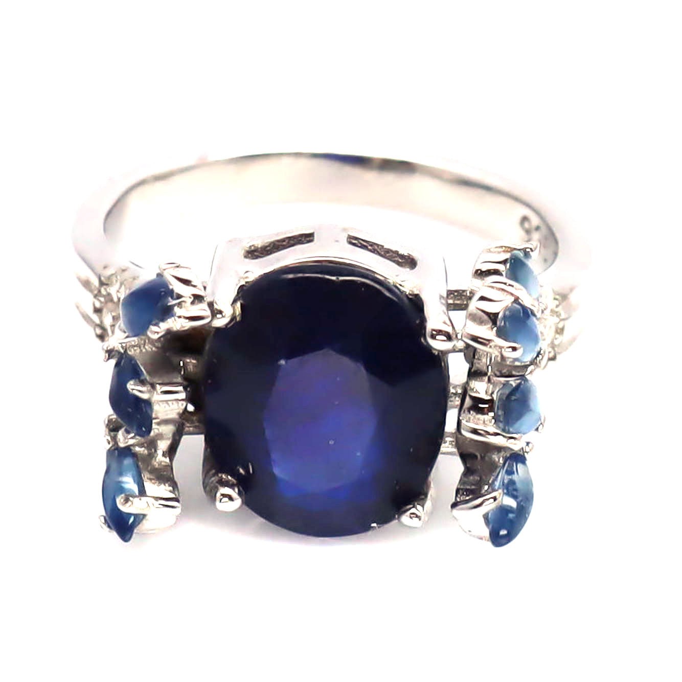 Natural Blue Sapphire Cubic Zirconia Ring 925 Sterling Silver Handmade Size 6