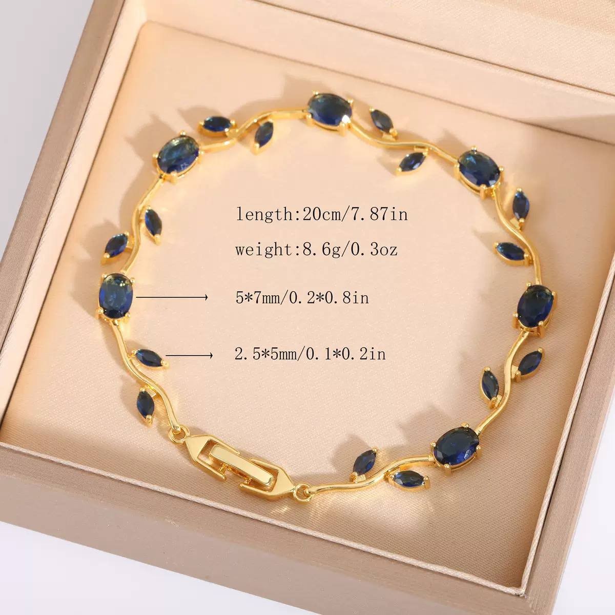 Gold Blue Crystal Leaf Vine Bracelet Copper 20cm Fashion Jewelry