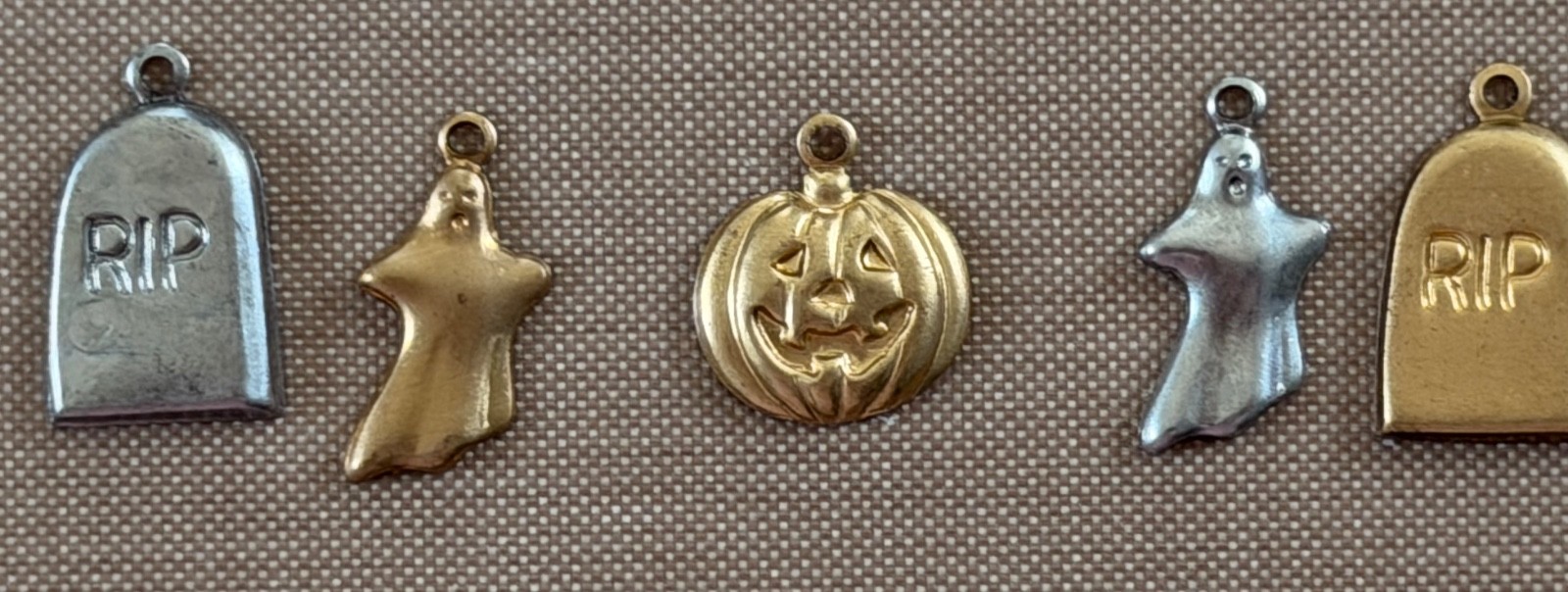Vintage NOS Brass Halloween Charm Set 5 Pc Ghost Pumpkin RIP Tombstone Jewelry C