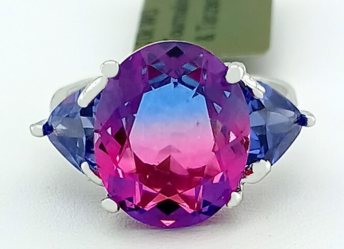 LAB CREATED 5.05 Cts TOURMALINE & TANZANITE RING 10K WHITE GOLD – New With Tag