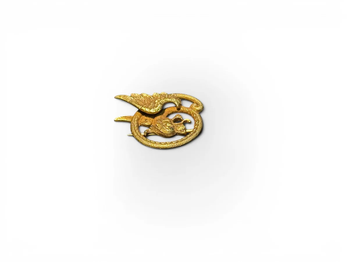 Antique English 14K Yellow Gold Chimera Motif Brooch With Emerald Eye
