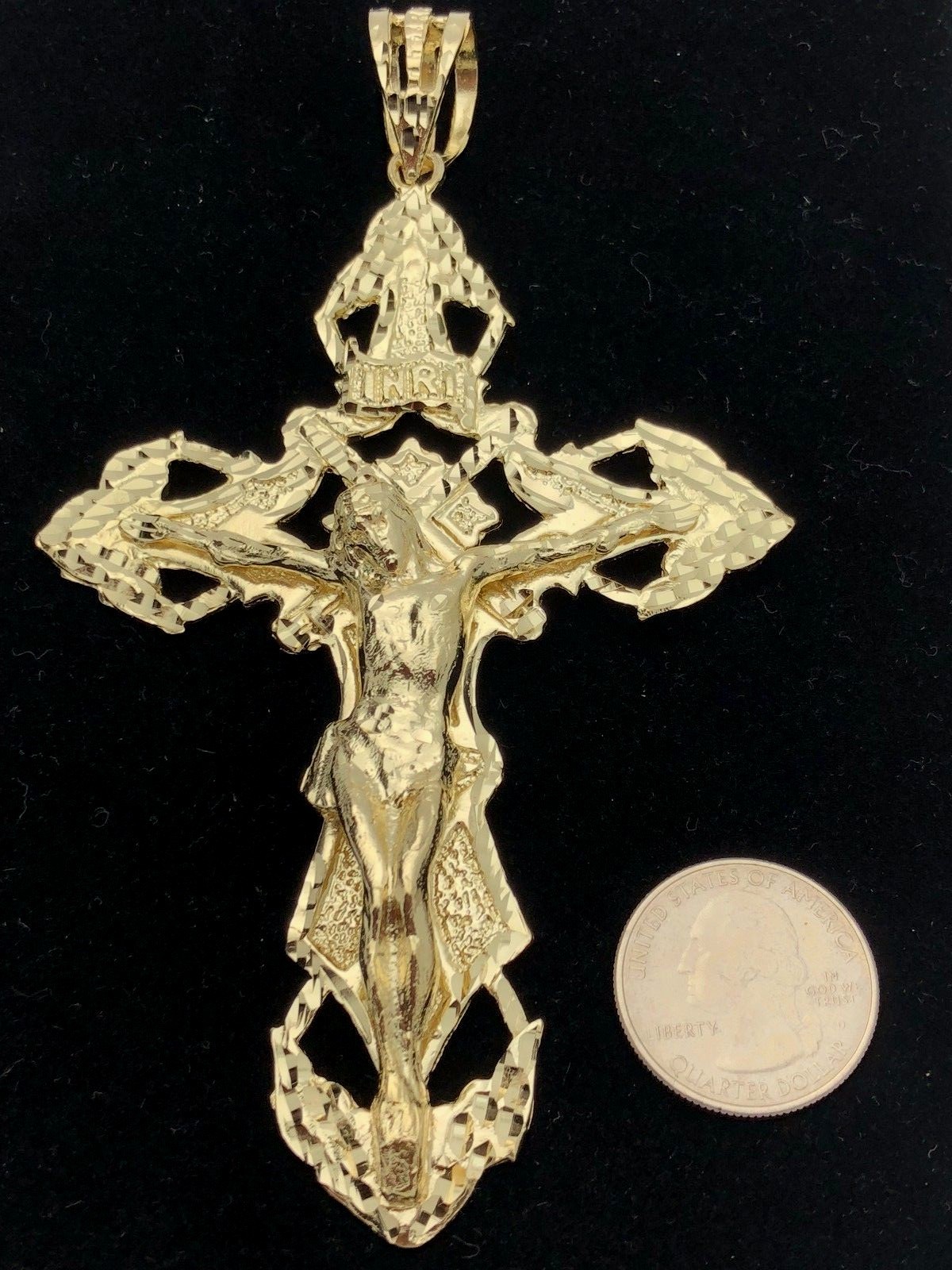 10k Yellow Gold Religious INRI Jesus Christ 3D Big Cross Pendant 5.25″- 45 grams