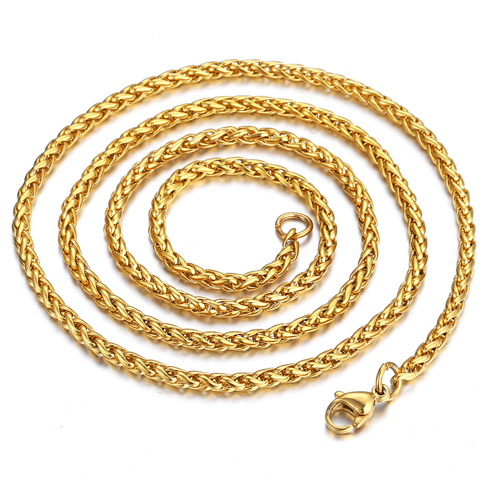 Men Women Braided Wheat Spiga Necklace Gold Plated Stainless Steel Chain 3-9.5mm