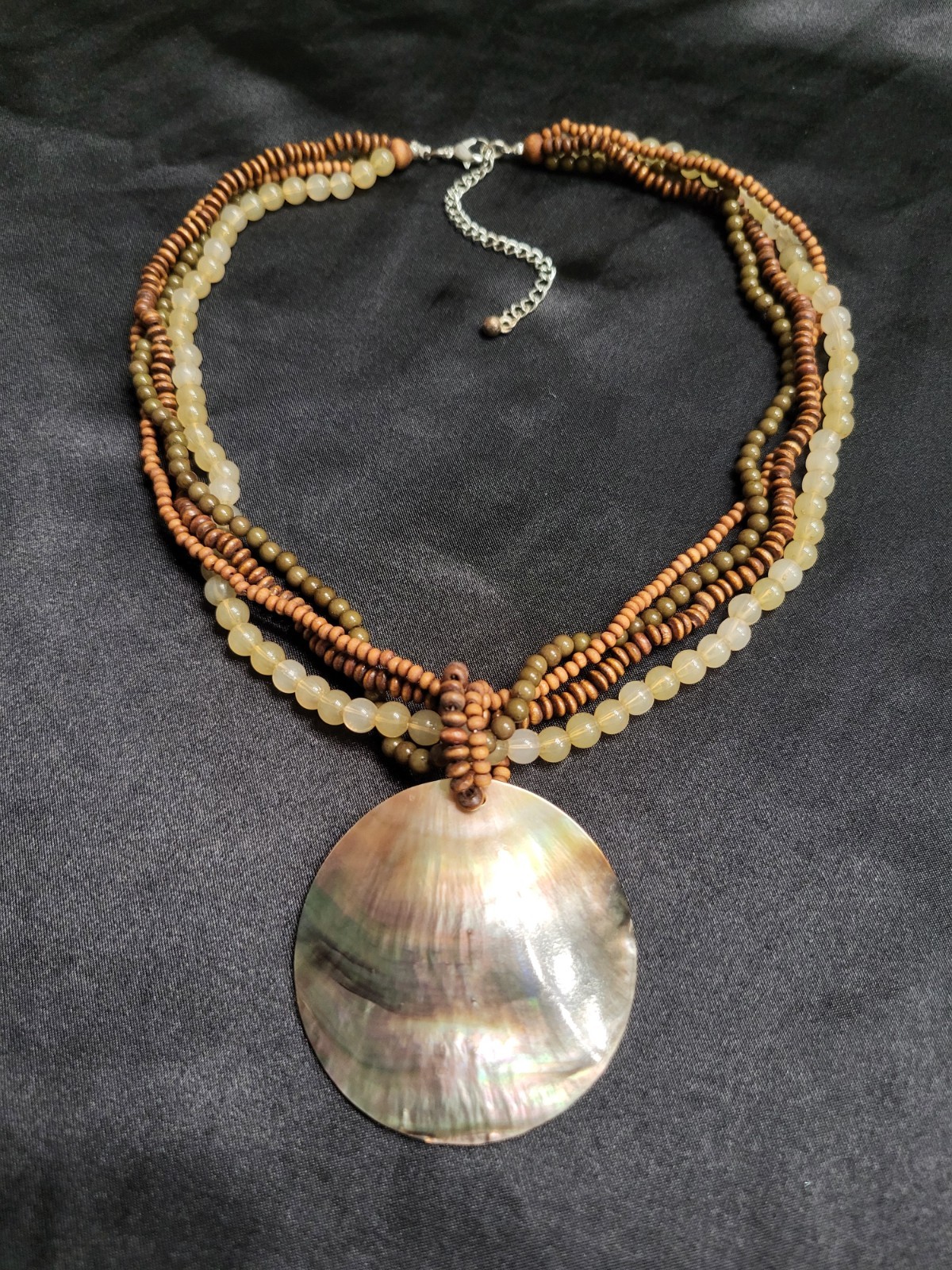 Boho Multi Strand Wood Beaded Necklace Iridescent Mother of Pearl Shell Pendant