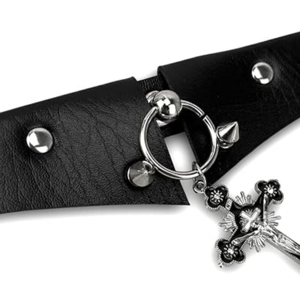 Black Gothic Leather Choker Necklace with Cross Pendant