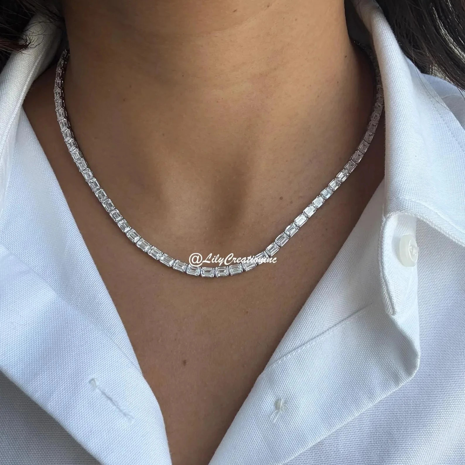 28 Carat Emerald Cut Lab Grown Diamond Tennis Necklace 14K White Gold 18 Inch